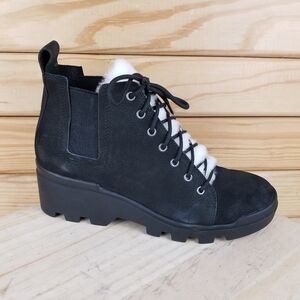 Eileen Fisher 6.5 US CALM Black Leather Boots Genuine Shearling Trim Booties NEW